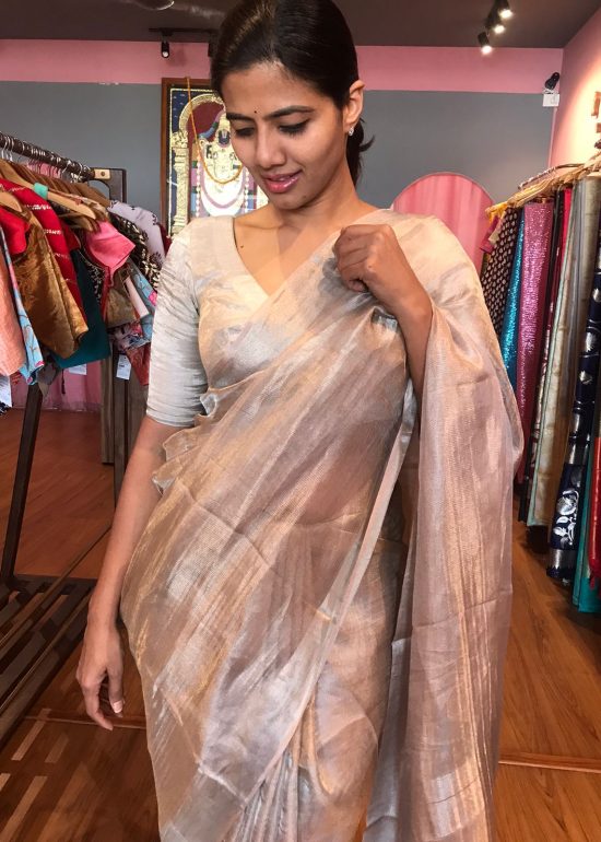 Pure Nude Brown Tussar Tissue Silk Saree