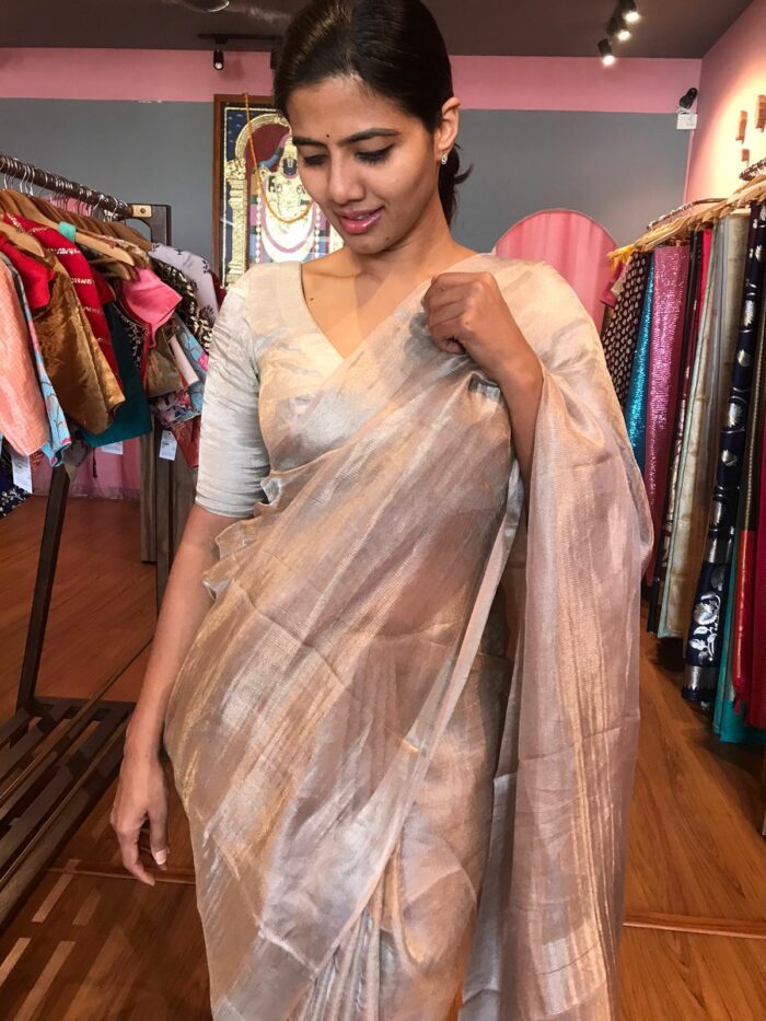 Pure Nude Brown Tussar Tissue Silk Saree