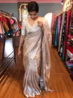 Pure Nude Brown Tussar Tissue Silk Saree - Image 4