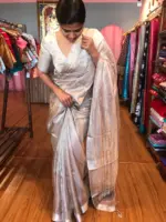 Pure Nude Brown Tussar Tissue Silk Saree - Image 3