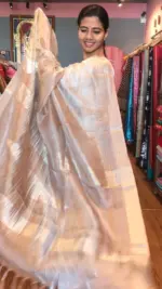 Pure Nude Brown Tussar Tissue Silk Saree - Image 2