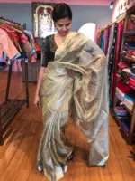 Olive Green Tussar Tissue Silk Saree - Image 3