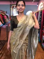 Olive Green Tussar Tissue Silk Saree - Image 5