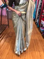 Olive Green Tussar Tissue Silk Saree - Image 4