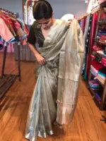 Olive Green Tussar Tissue Silk Saree - Image 6