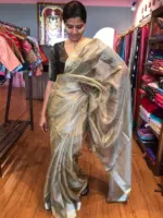 Olive Green Tussar Tissue Silk Saree - Image 2