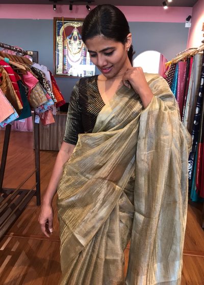 Olive Green Tussar Tissue Silk Saree