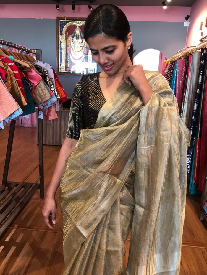 Olive Green Tussar Tissue Silk Saree