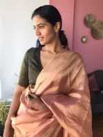 Rose Gold Pure Tissue Silk Saree with Jacquard Zari Border - Image 5