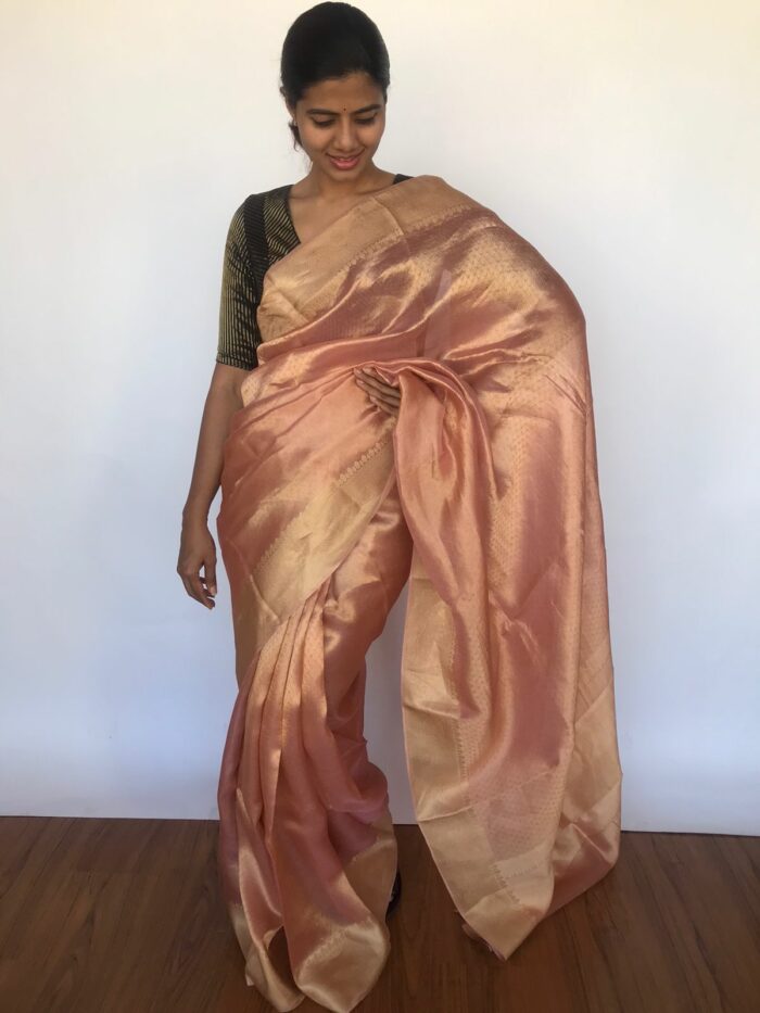 Rose Gold Pure Tissue Silk Saree with Jacquard Zari Border