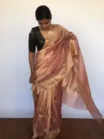 Rose Gold Pure Tissue Silk Saree with Jacquard Zari Border - Image 3