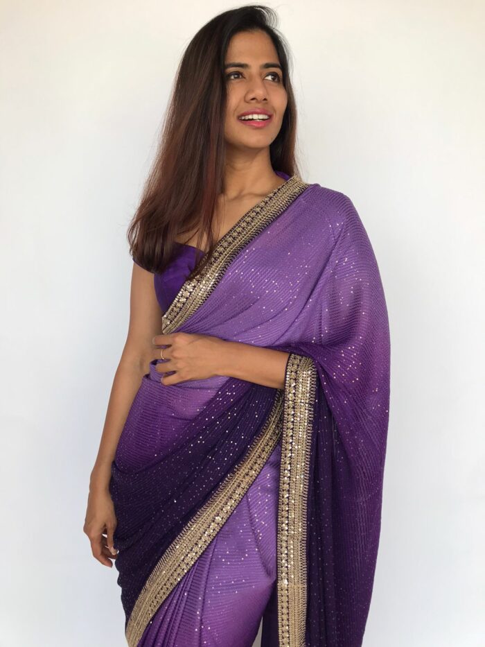 Ombre Purple Georgette Sequin Saree with Hand Embroidered Border