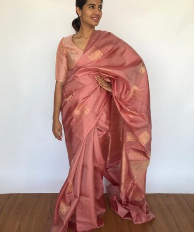 Powder Peach Kanchivaram Silk Saree with Beautiful Weaves in Gold Zari