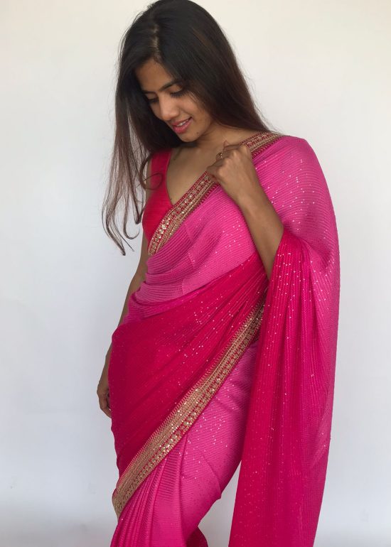 Ombre Pink Georgette Sequin Saree with Hand Embroidery Border
