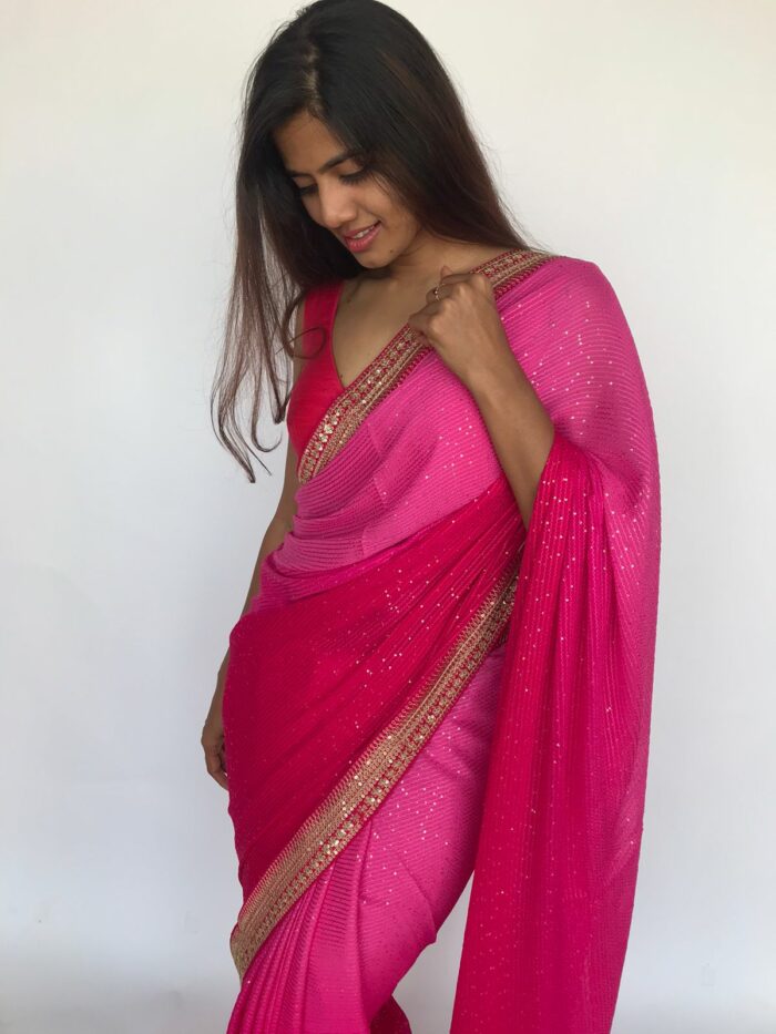 Ombre Pink Georgette Sequin Saree with Hand Embroidery Border