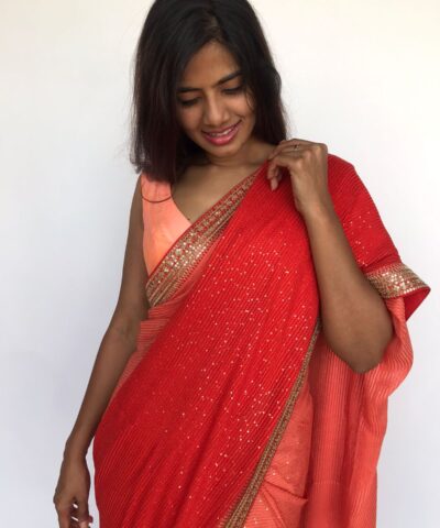 Ombre Peach Georgette Sequin Saree with Hand Embroidery Border