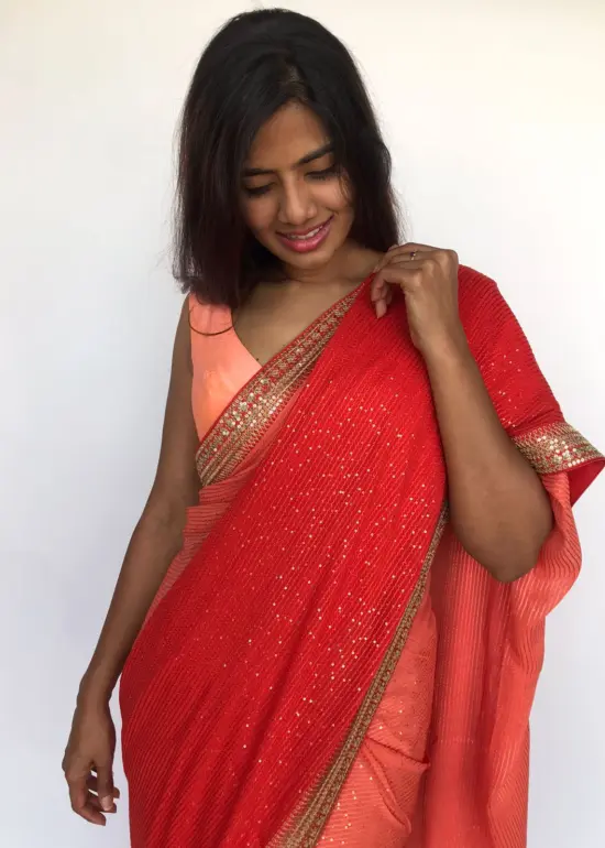 Ombre Peach Georgette Sequin Saree with Hand Embroidery Border