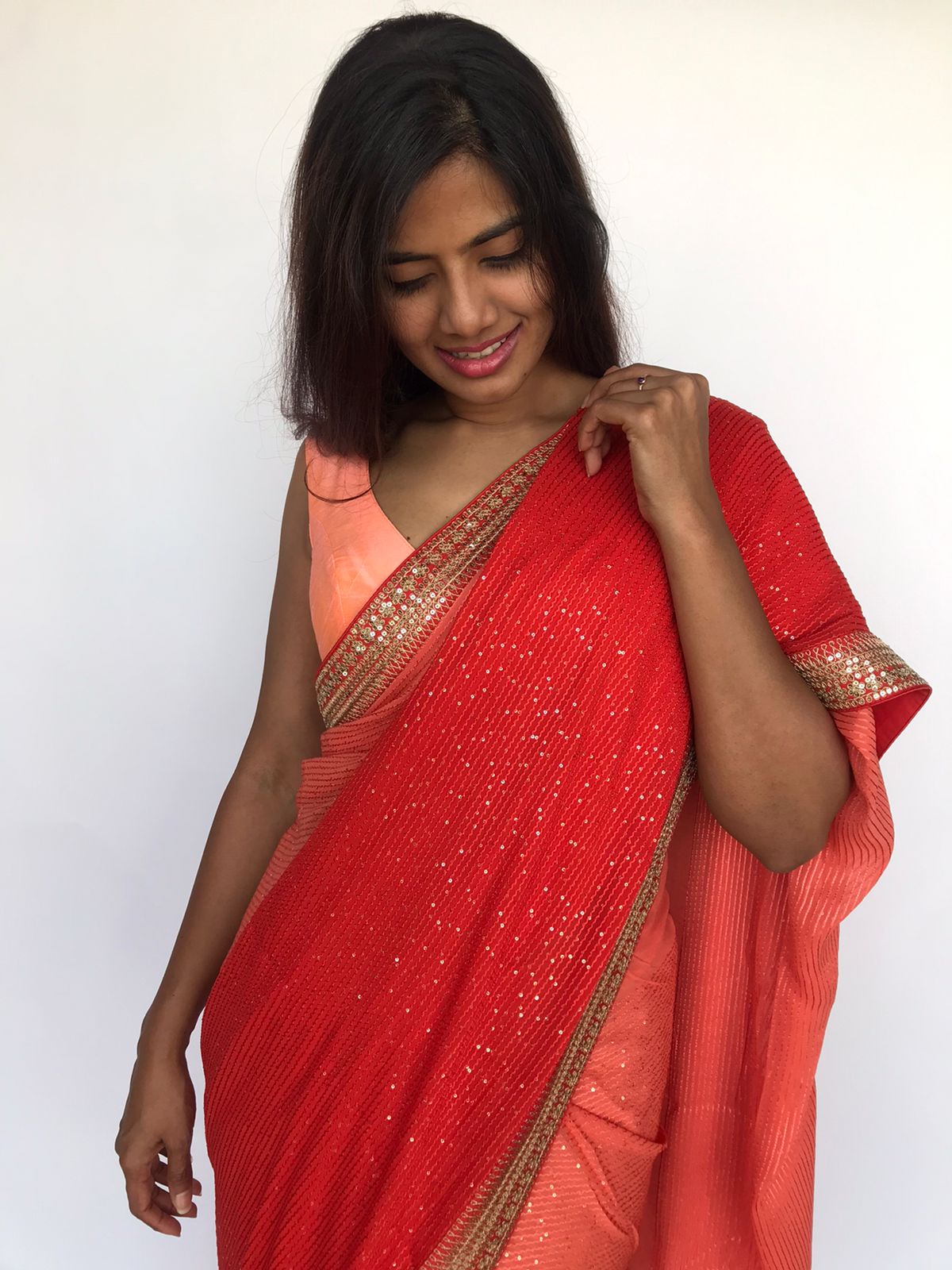 Peach Color Geogette Sequence Work Saree