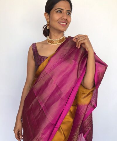 Mustard Kanjivaram Silk Saree highlighted with Gold Zari Weaves