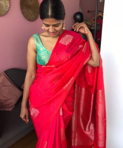 Kanakambram Red Kanjivaram Silk Saree Handwoven with Silver Zari Motifs