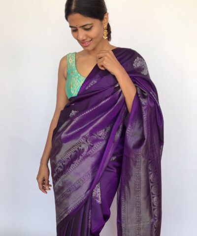 Purple Kanjivaram Silk Saree Handwoven with Silver Zari Buttas
