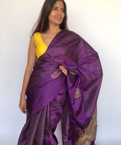 Purple Kanjivaram Silk Saree Handwoven in Gold Zari Checks