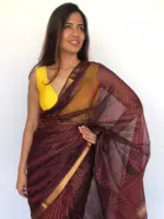 Coffee Brown Mangalagiri Silk Saree Handwoven in Gold Zari Checks