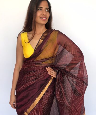 Coffee Brown Mangalagiri Silk Saree Handwoven in Gold Zari Checks