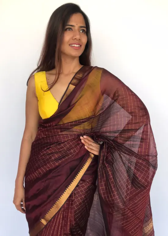 Coffee Brown Mangalagiri Silk Saree Handwoven in Gold Zari Checks