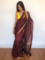 Coffee Brown Mangalagiri Silk Saree Handwoven in Gold Zari Checks - Image 5