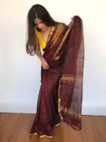 Coffee Brown Mangalagiri Silk Saree Handwoven in Gold Zari Checks - Image 6
