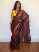 Coffee Brown Mangalagiri Silk Saree Handwoven in Gold Zari Checks - Image 3