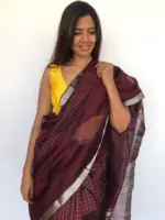 Coffee Brown Mangalagiri Silk Saree Handwoven in Silver Zari Checks - Image 4