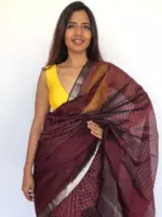 Coffee Brown Mangalagiri Silk Saree Handwoven in Silver Zari Checks