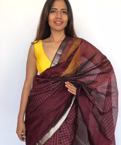 Coffee Brown Mangalagiri Silk Saree Handwoven in Silver Zari Checks
