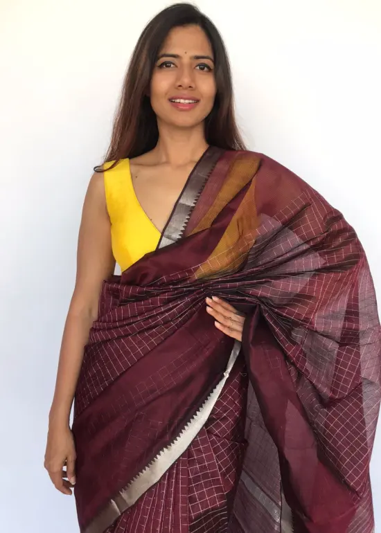 Coffee Brown Mangalagiri Silk Saree Handwoven in Silver Zari Checks