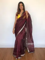 Coffee Brown Mangalagiri Silk Saree Handwoven in Silver Zari Checks - Image 3