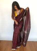 Coffee Brown Mangalagiri Silk Saree Handwoven in Silver Zari Checks - Image 5