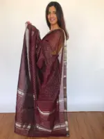 Coffee Brown Mangalagiri Silk Saree Handwoven in Silver Zari Checks - Image 2