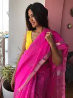 Candy Pink Mangalagiri Silk Saree Handwoven in Silver Zari Checks