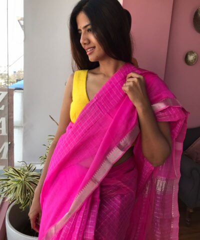 Candy Pink Mangalagiri Silk Saree Handwoven in Silver Zari Checks