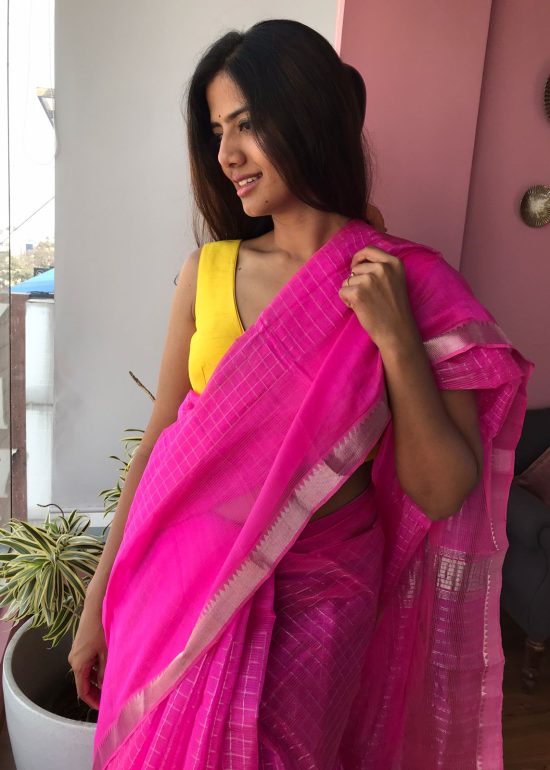 Candy Pink Mangalagiri Silk Saree Handwoven in Silver Zari Checks