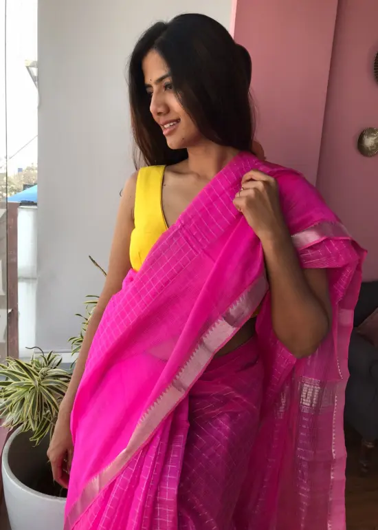 Candy Pink Mangalagiri Silk Saree Handwoven in Silver Zari Checks
