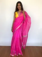 Candy Pink Mangalagiri Silk Saree Handwoven in Silver Zari Checks - Image 5