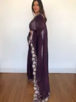 Dark Purple Organza Saree adorned with Scalloped Edging - Image 7