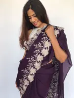 Dark Purple Organza Saree adorned with Scalloped Edging - Image 6