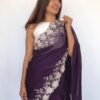 Dark Purple Organza Saree adorned with Scalloped Edging