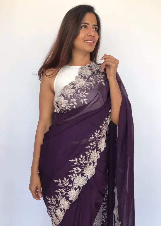 Dark Purple Organza Saree adorned with Scalloped Edging