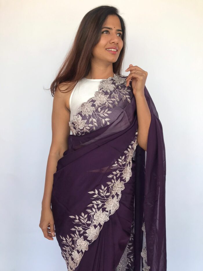 Dark Purple Organza Saree adorned with Scalloped Edging