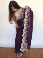 Dark Purple Organza Saree adorned with Scalloped Edging - Image 3